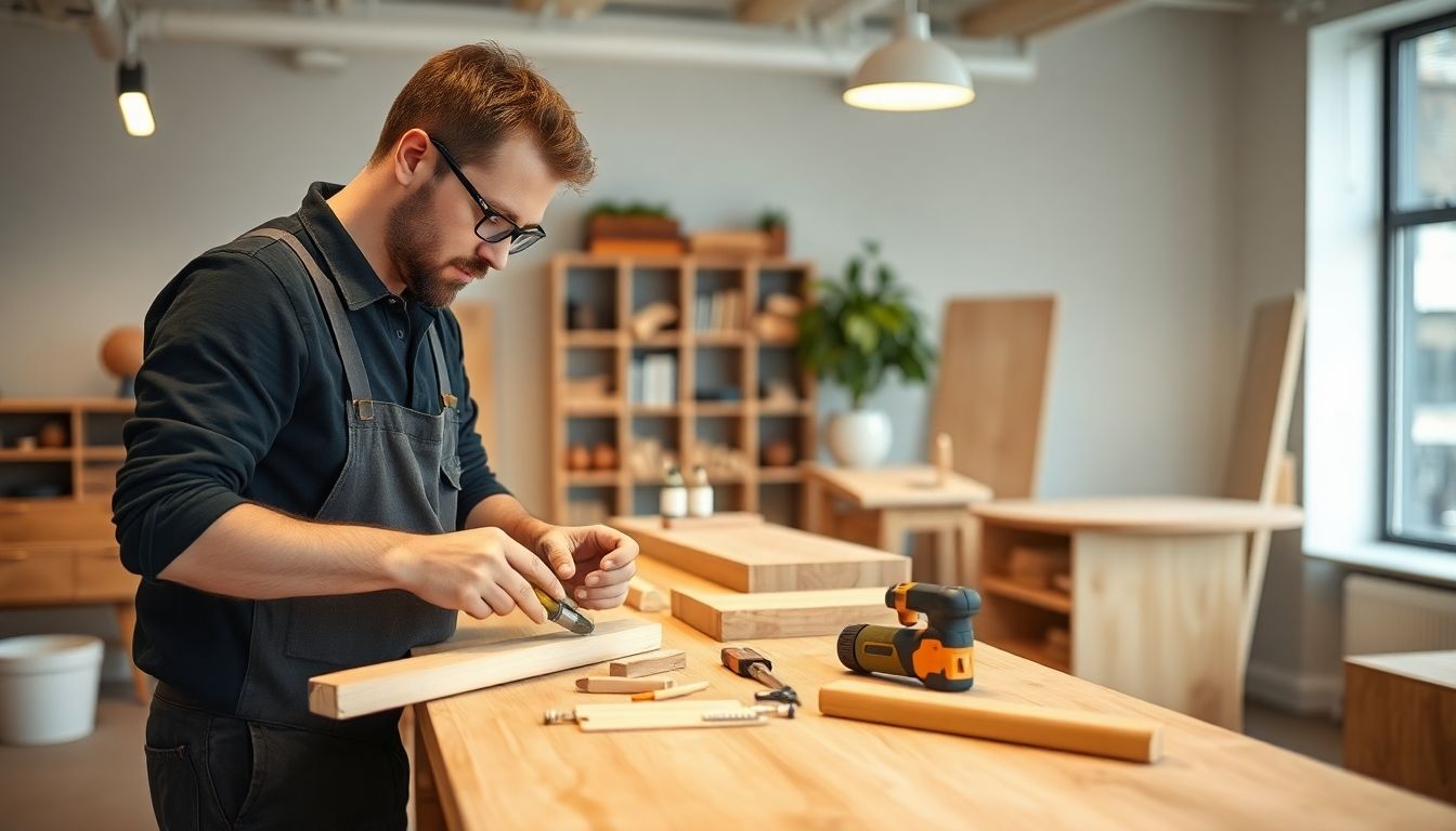 Carpenter working on office furniture in London.