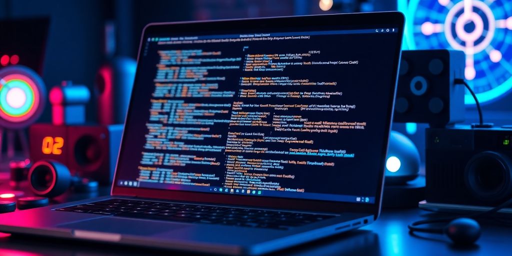 Laptop with blockchain code and futuristic tech gadgets.