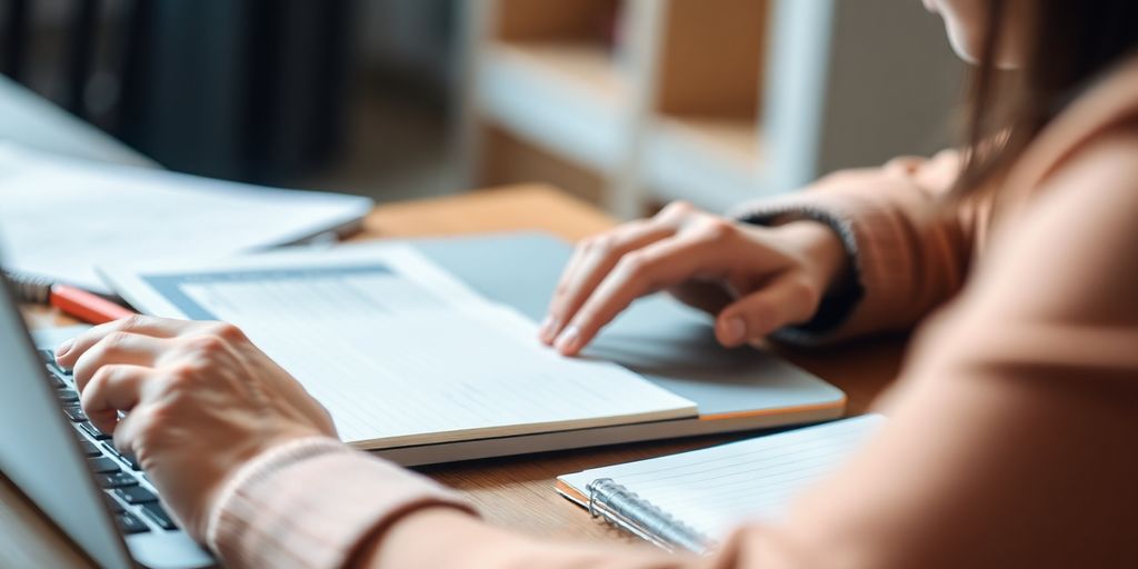 Person typing on a laptop with notepad beside.
