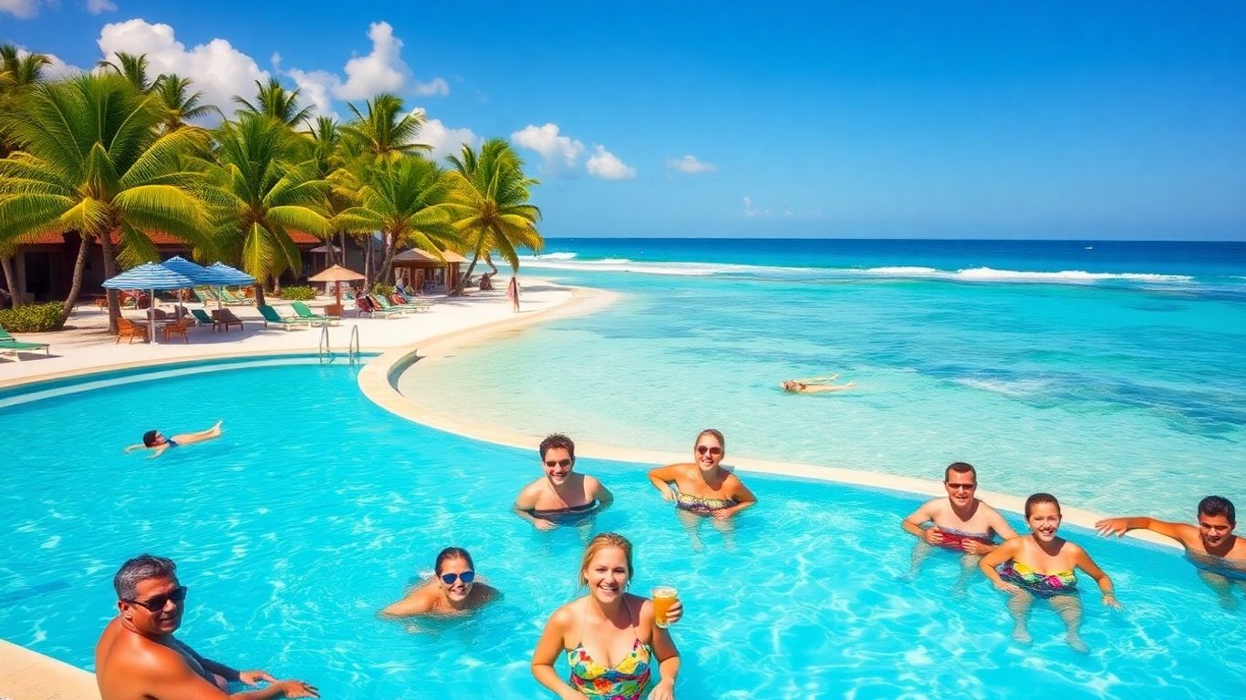 Sunny tropical resort beach with palm trees and vacationers