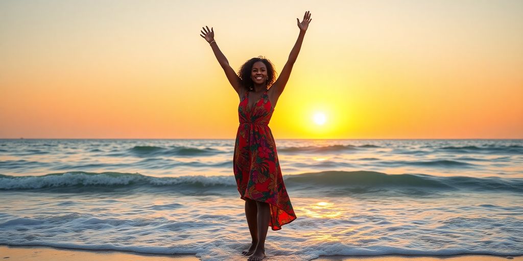 Black woman enjoying solo travel on a beach at sunset.