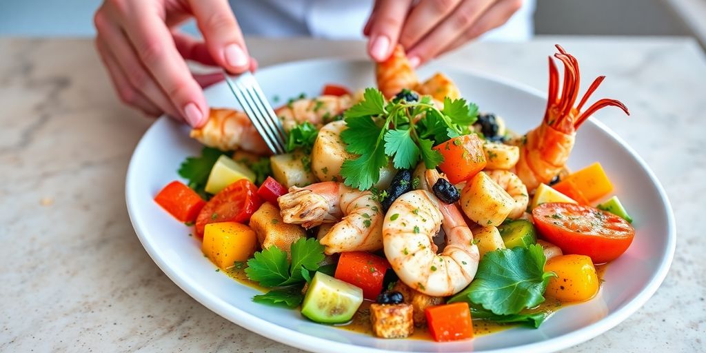 Baja-Mediterranean fusion dish with vibrant ingredients.