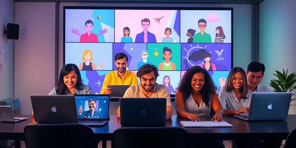 Diverse participants engaged in a gamified virtual meeting.