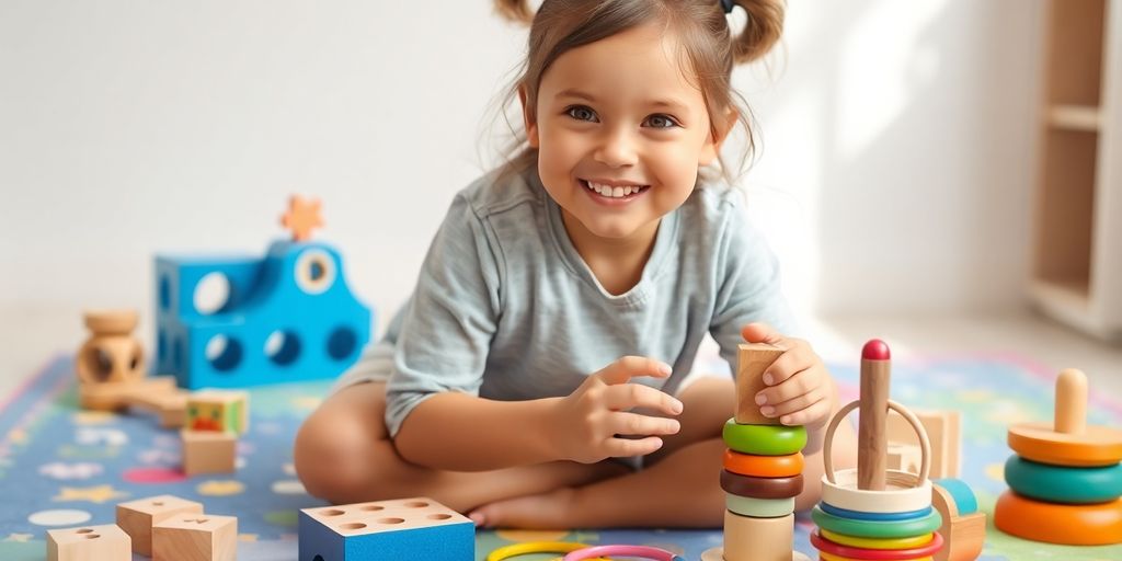 Bambina gioca con blocchi colorati sul pavimento.