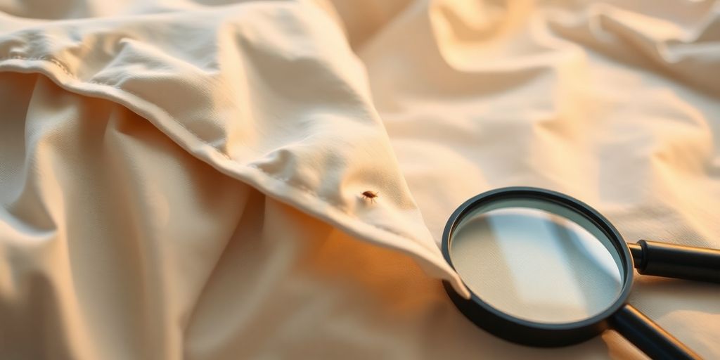 Close-up of bed seams revealing potential bed bugs.