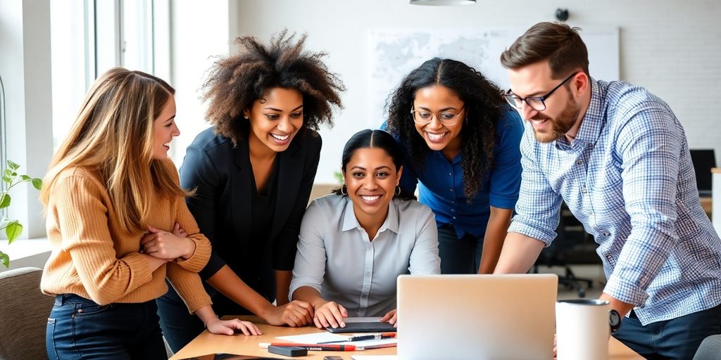 Diverse team collaborating in a modern business environment.