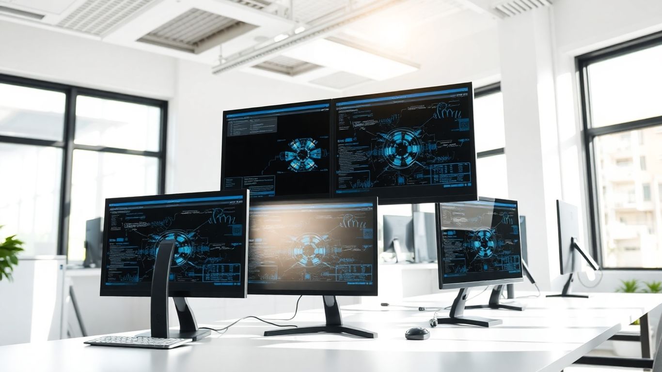 Computer screens with abstract digital interfaces in an office.