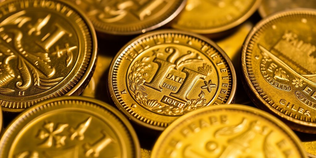 Plusieurs pièces d'or anciennes scintillent sous la lumière.