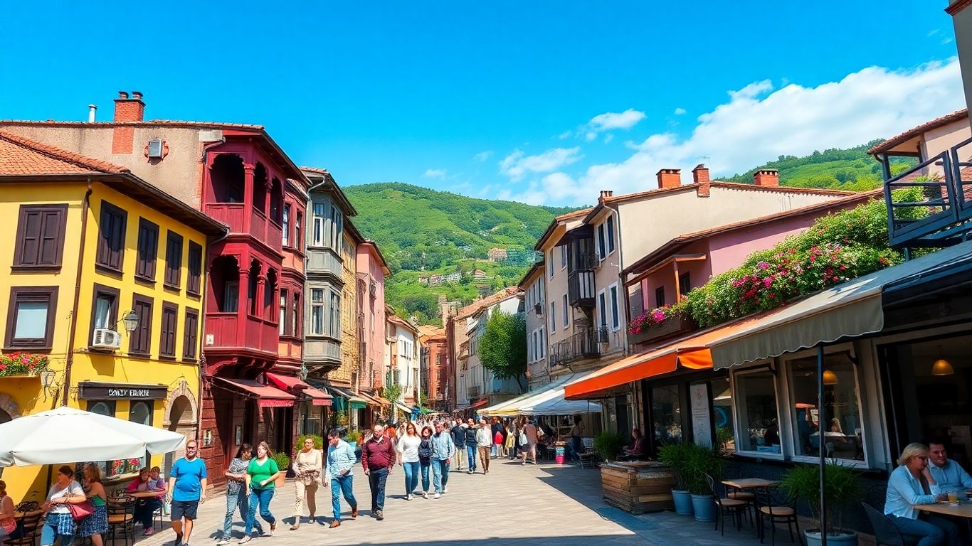 Charming Balkan city street with cafes and colorful buildings