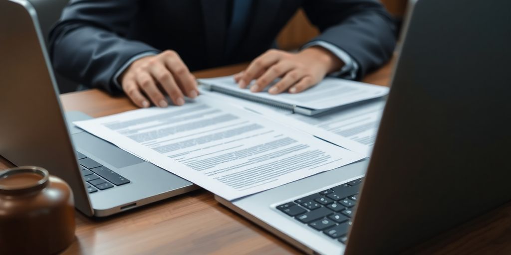 Professional translator working on legal documents in an office.