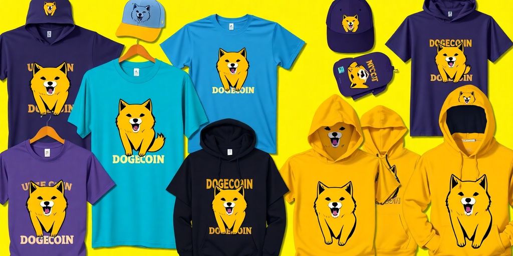Colorful Dogecoin apparel including shirts and hats.