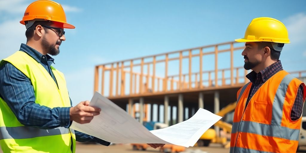 Construction manager reviewing blueprints onsite with client.