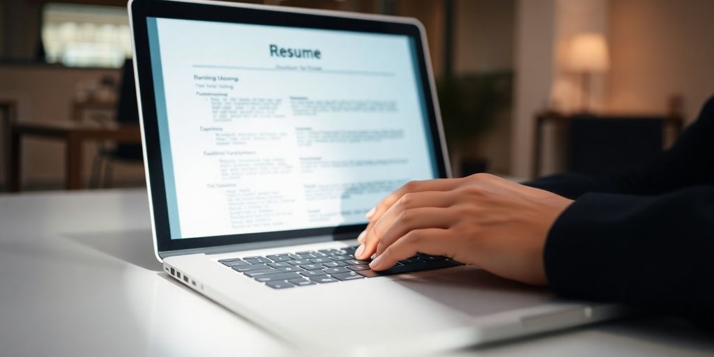 Laptop, resume, and success elements on a desk.