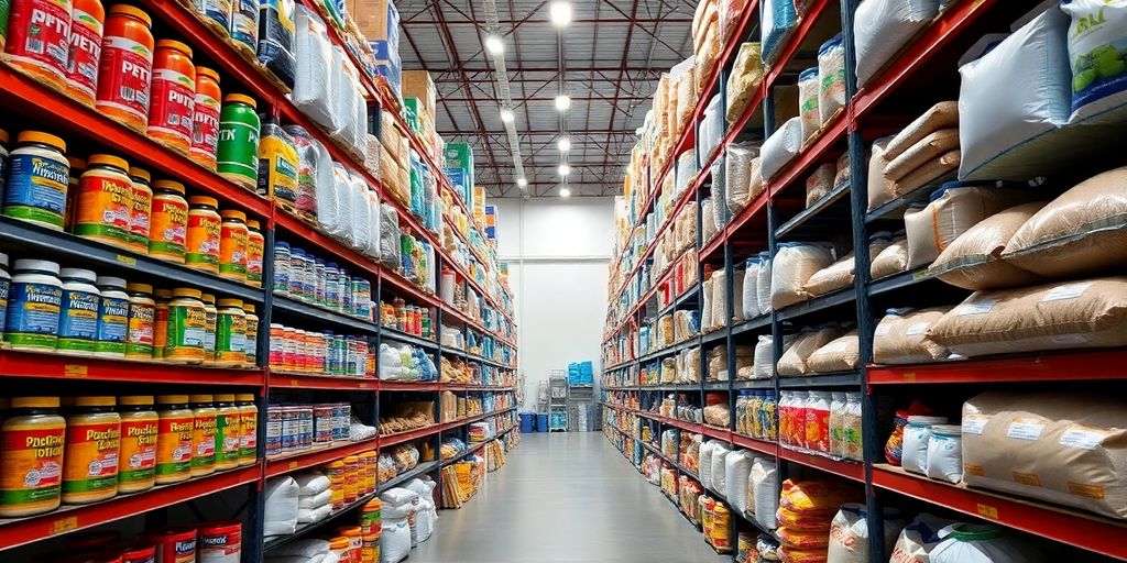 Suplementos em embalagens a granel, dispostos em armazém organizado