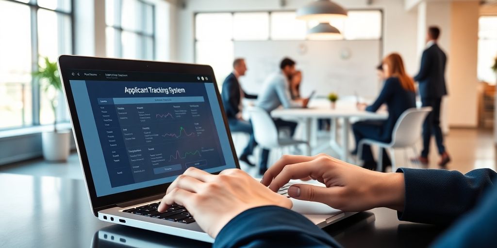 Laptop with hiring software, diverse team collaborating.