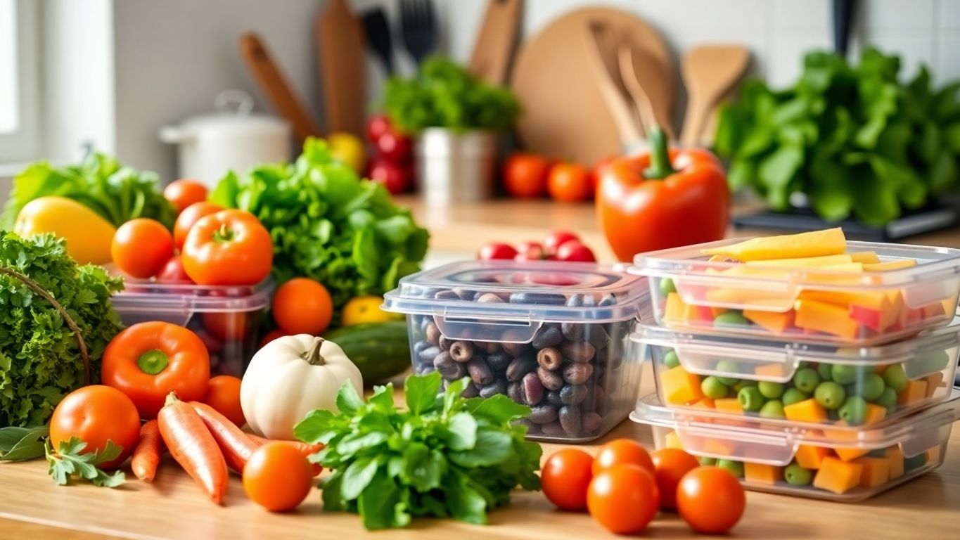 Colorful meal prep scene with fresh vegetables and containers.