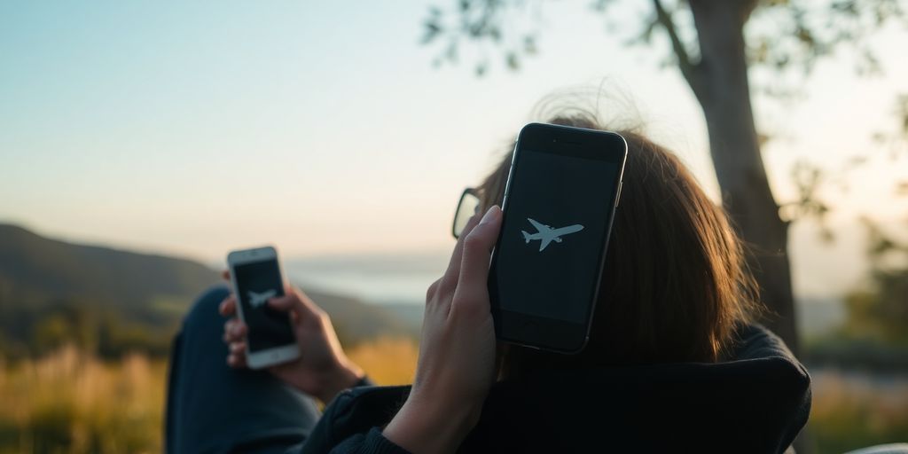 Person enjoying nature with smartphone in airplane mode.