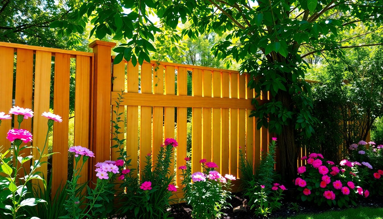 New wooden fence in a lush garden setting.