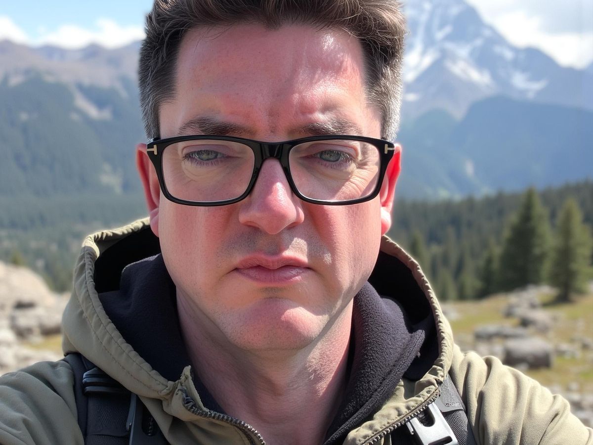 Person with glasses in a mountainous outdoor landscape.