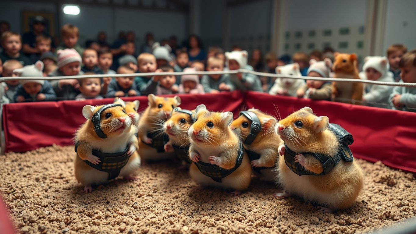 Hamsters in combat gear in a small arena