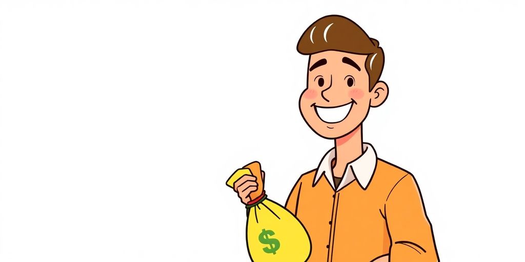 Cartoon business owner happily receiving money.