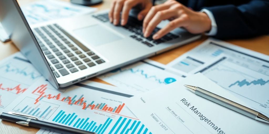 Hands typing on a laptop with trading materials around.