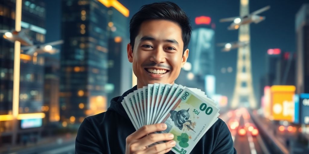 Person smiling, holding cash, with futuristic city in background.