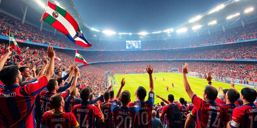 Fans cheering in colorful jerseys at a soccer game.