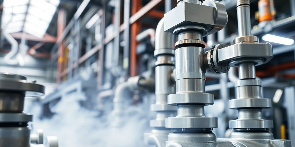 Industrial facility with pipes and machinery.