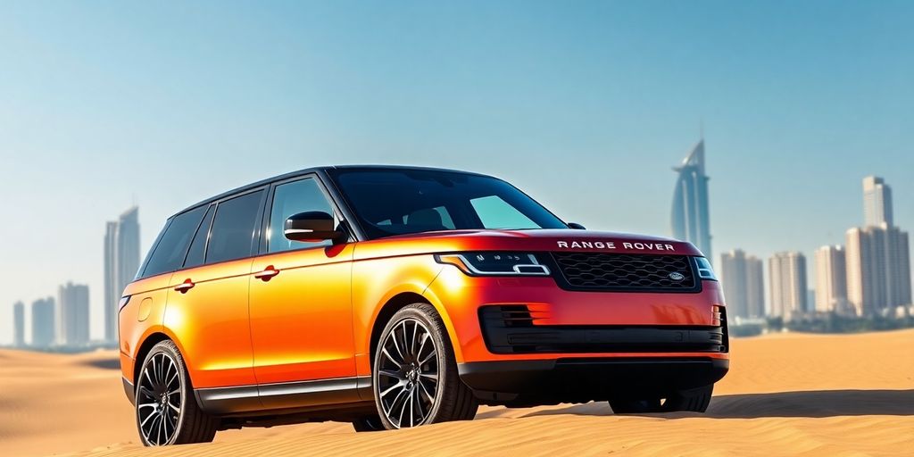 Luxury Range Rover driving through Dubai desert.