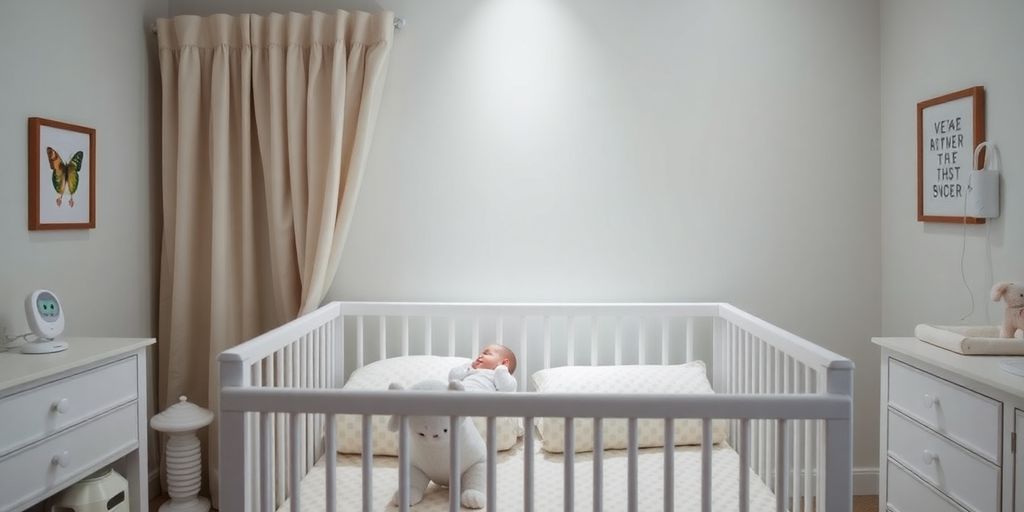 Gemütliches Babyzimmer mit sicherem Bett und sanfter Beleuchtung.