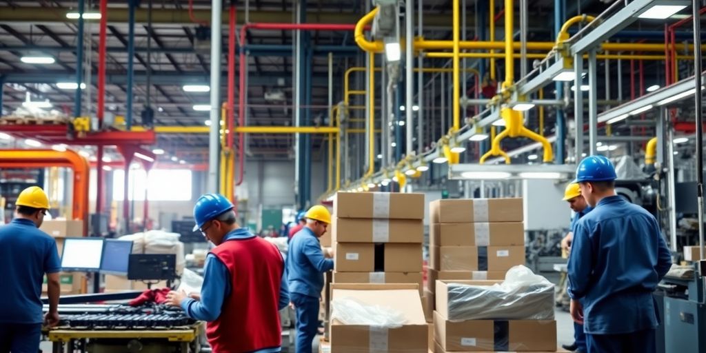Trabalhadores e máquinas em ação na indústria.