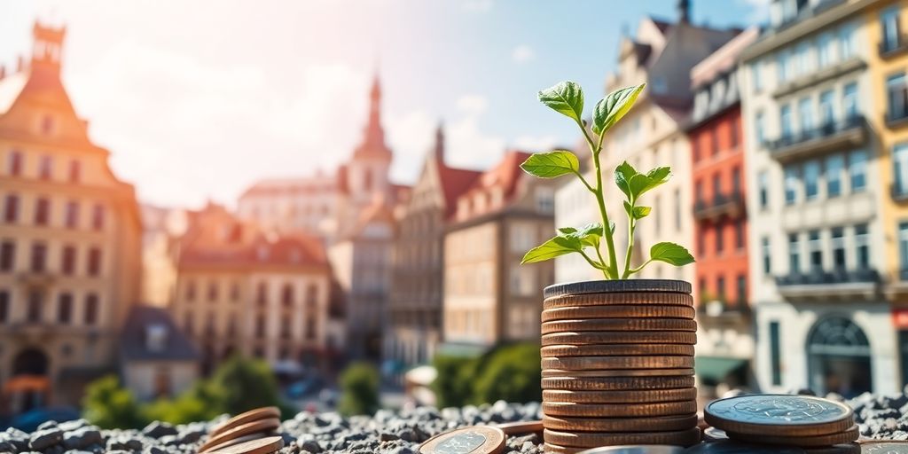 European landmarks and financial growth imagery.