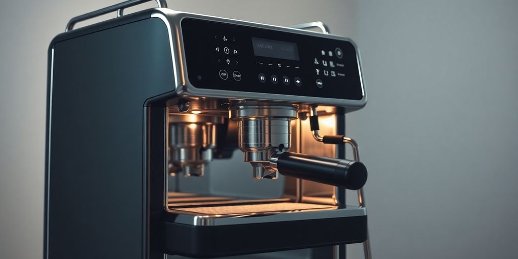 Modern coffee machine with glowing smart features.