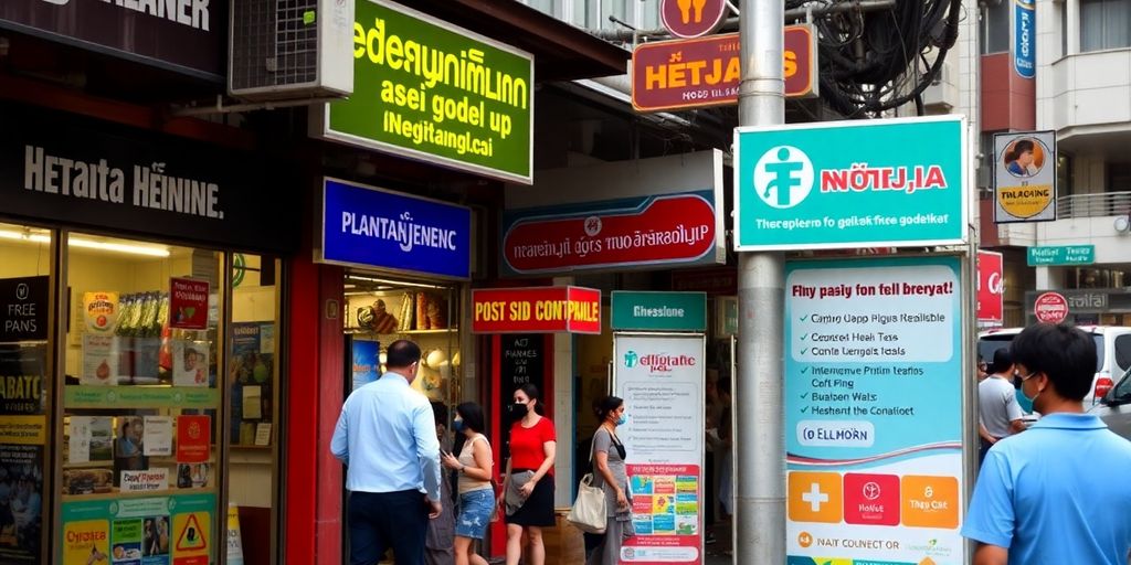 Bangkok street scene with healthcare facilities and locals.