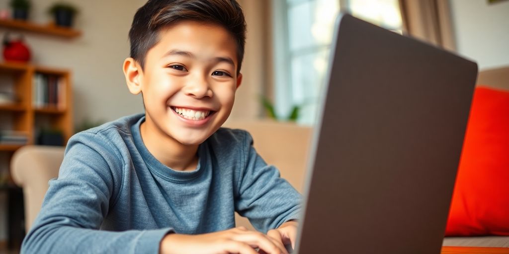 Jovem feliz a estudar inglês online em casa