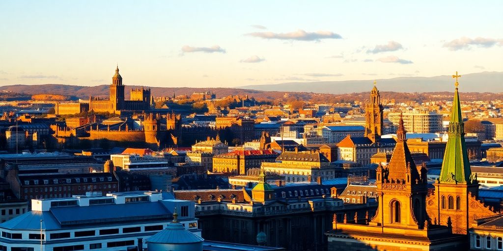 Historic Edinburgh and Glasgow skylines at sunset.