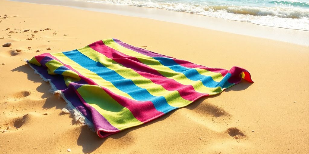 Colorful beach towel on Miami sand near ocean water.