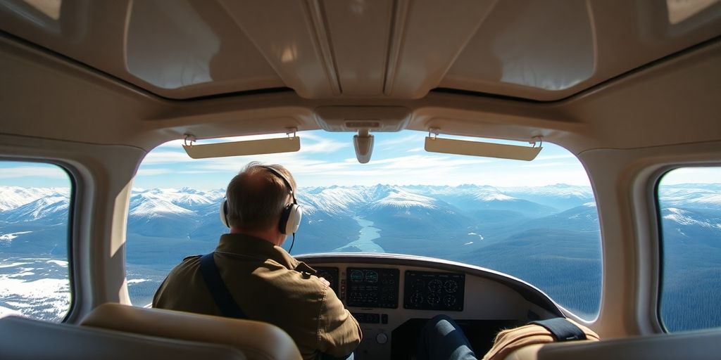 A small plane cockpit flying over Alaskan mountains and glaciers.