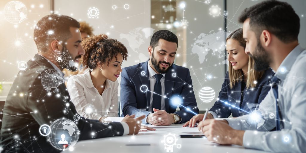 Professionals collaborating near globes and network patterns.