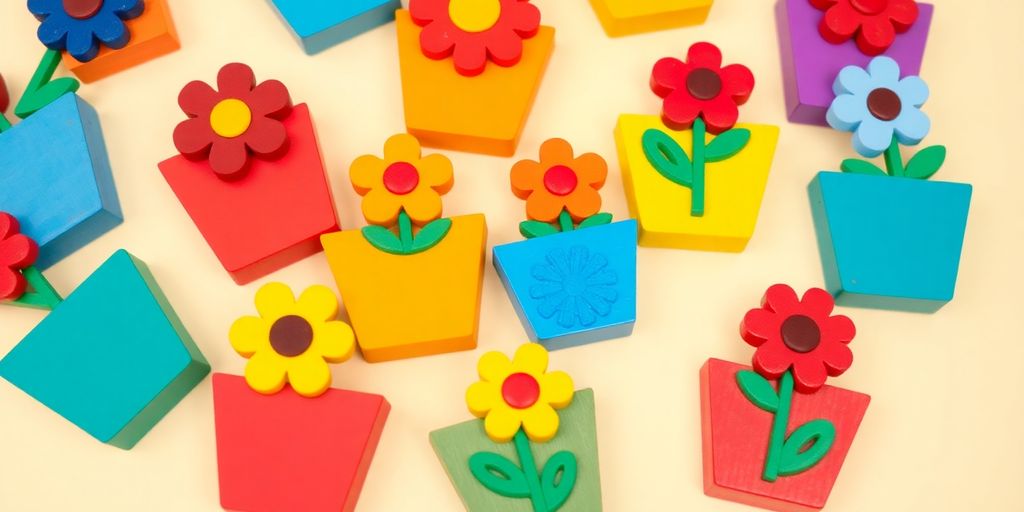 Colorful wooden flower pot magnets on a light background.