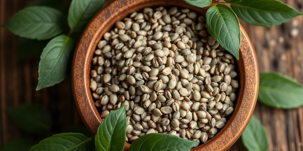Chia seeds in a wooden bowl with green leaves.