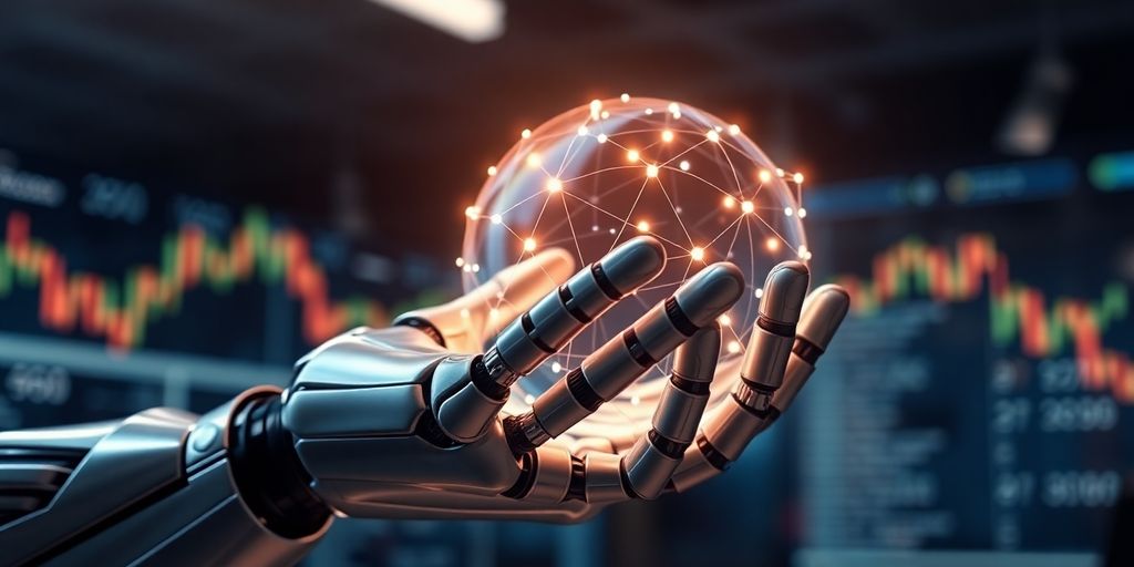 Robotic hand holding glowing stock market data.