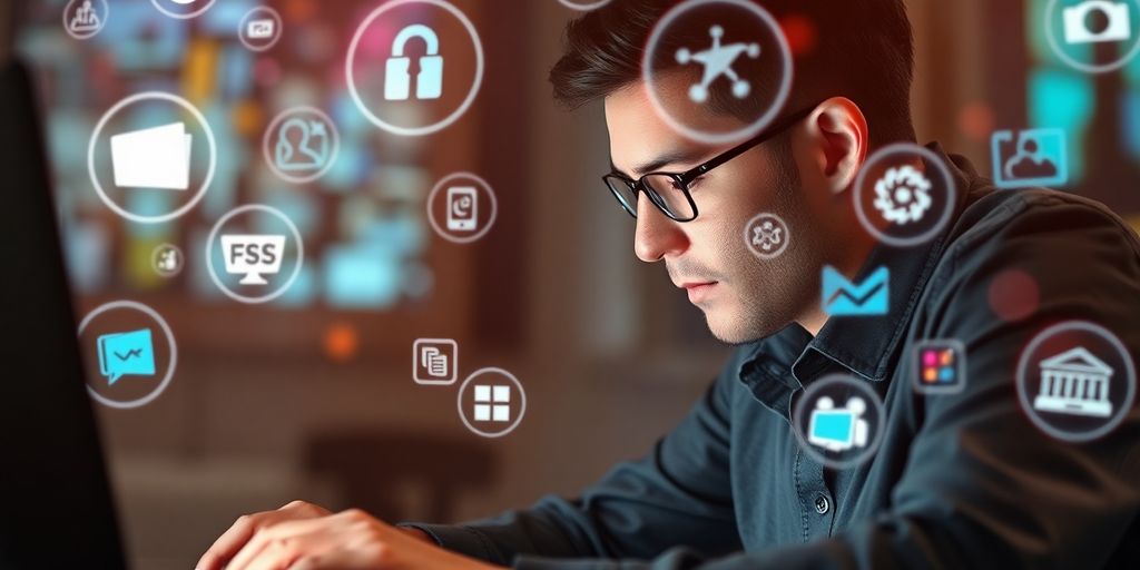 Person using laptop surrounded by glowing digital icons.