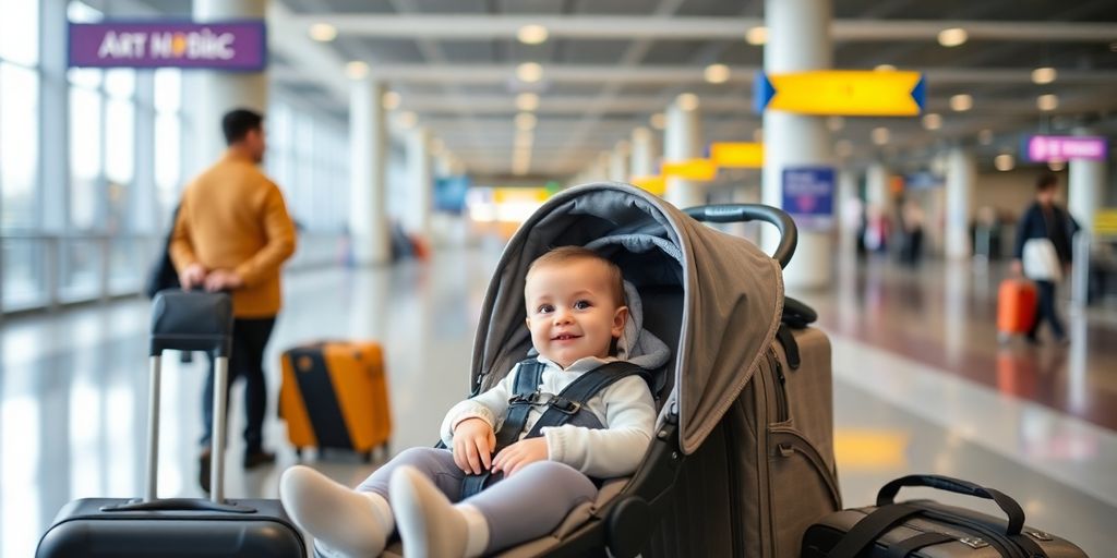 Förälder med bebis i barnvagn på flygplats.