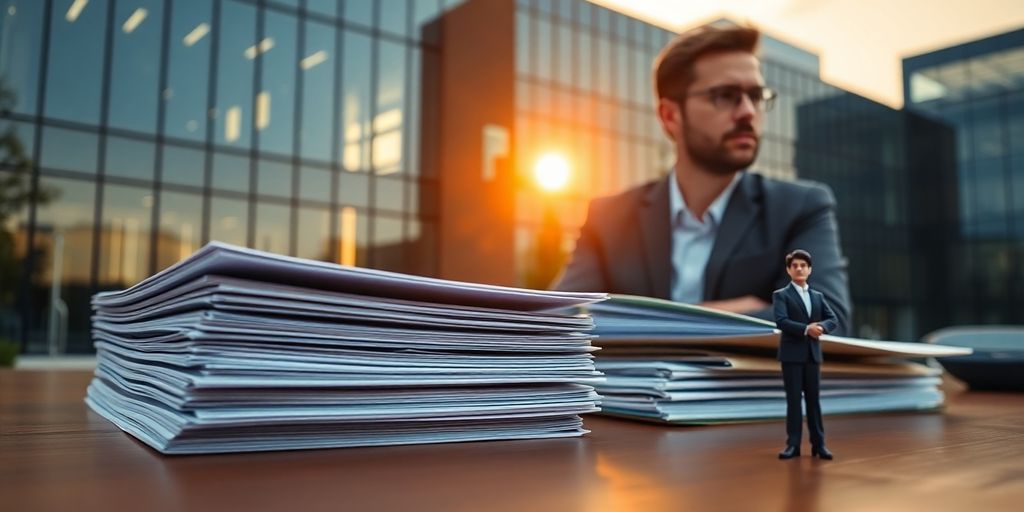 Corporate building, compliance documents, and investor observing.