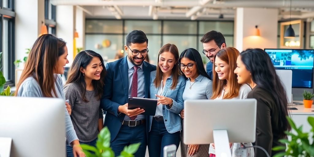 Groupe de professionnels collaborant dans un bureau moderne.