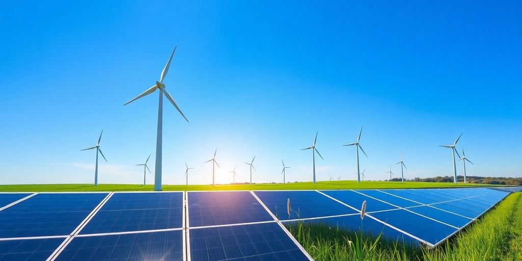 Panneaux solaires et éoliennes dans un paysage verdoyant et ensoleillé