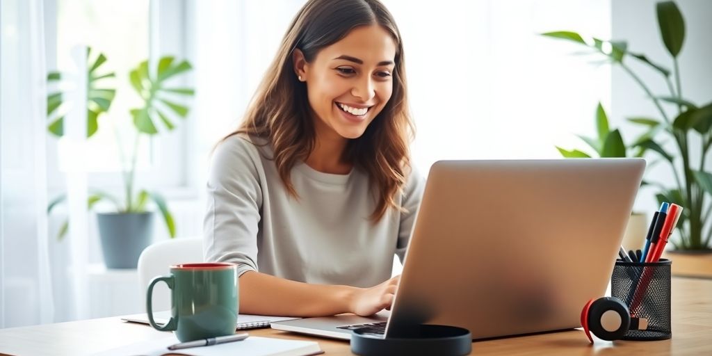 Young professional at home office desk with laptop and coffee