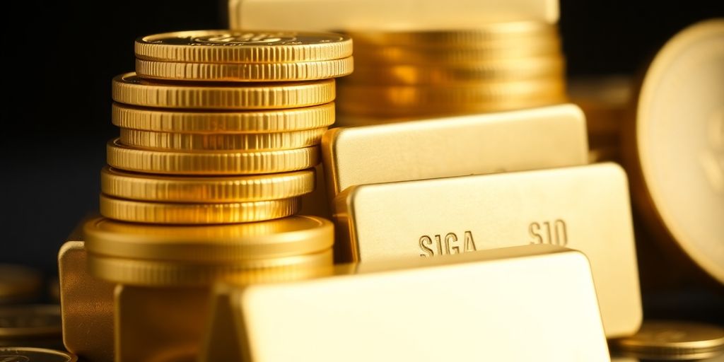 Des pièces et barres d'or brillantes sur un fond sombre.